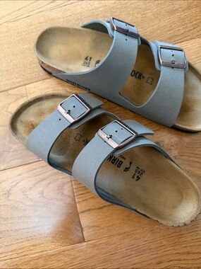 Birkenstock Arizona Two-Strap Sandals in Grey with Rose Gold Buckles